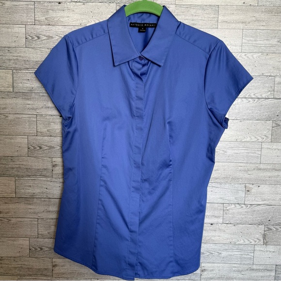 Antonio Melani Ellie Blouse Shirt Blue Button Front Cap Sleeve Cotton Small Posh - Picture 13 of 13